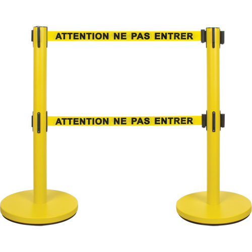 Dual Belt Crowd Control Barrier, Steel, 35" H, Yellow Tape, 7' Tape Length Groupe Belzile Dickner