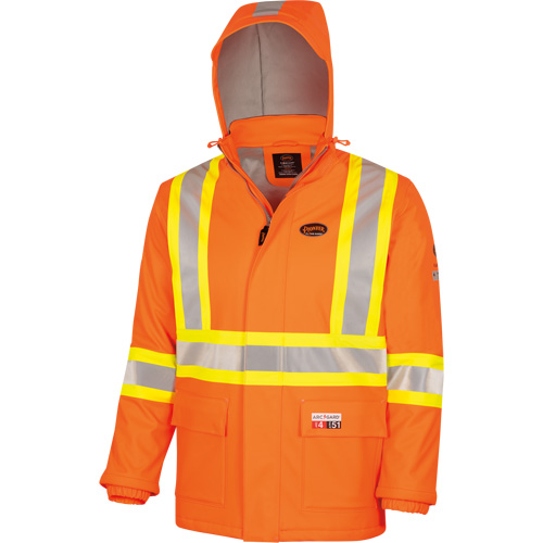5884 Manteau imperm&eacute;able ignifuge et r&eacute;sistant aux arcs &eacute;lectriques avec capuchon Flash-Gard, Petit, Orange haute visibilit&eacute;, 51 cal/cm² Groupe Belzile Dickner