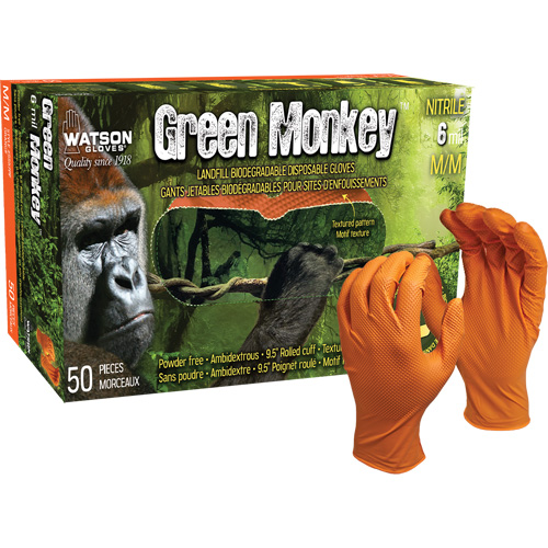 Green Monkey Disposable Gloves, Small, Nitrile, 6-mil, Powder-Free, Orange Groupe Belzile Dickner