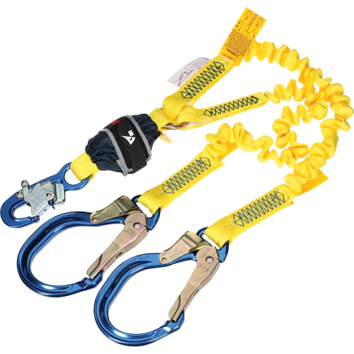Twin-Leg Stretch Web Shock-Absorbing Lanyard, 6', Rebar Hook Center, Snap Hook Leg Ends Groupe Belzile Dickner