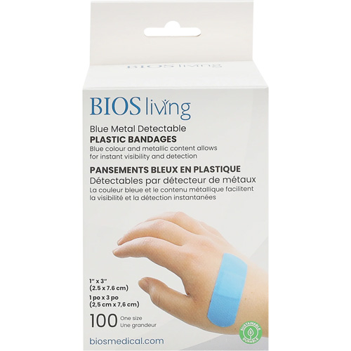 Blue Water-Resistant Bandages, Rectangular/Square, 3", Plastic Metal Detectable, Sterile Groupe Belzile Dickner