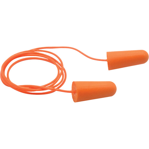Bouchons d'oreilles coniques jetables en mousse de PU orange SEALTEC33, Avec cordon, Vrac - Boîte, 33 dB NRR, Taille unique Groupe Belzile Dickner