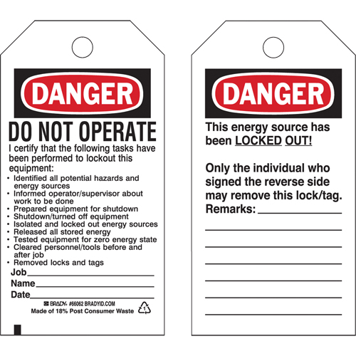 Lockout Tags, Plastic, 3" W x 5-1/2" H, English Groupe Belzile Dickner