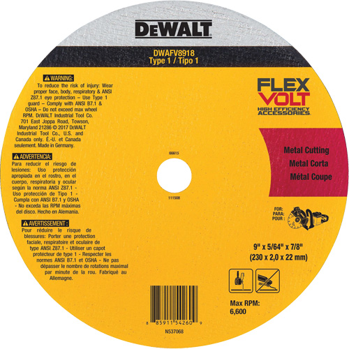 Meule de tronçonnage des m&eacute;taux FlexVolt, 9-1/16" x 0,078", Arbre 22,23 mm, C&eacute;ramique, Type 1 Groupe Belzile Dickner
