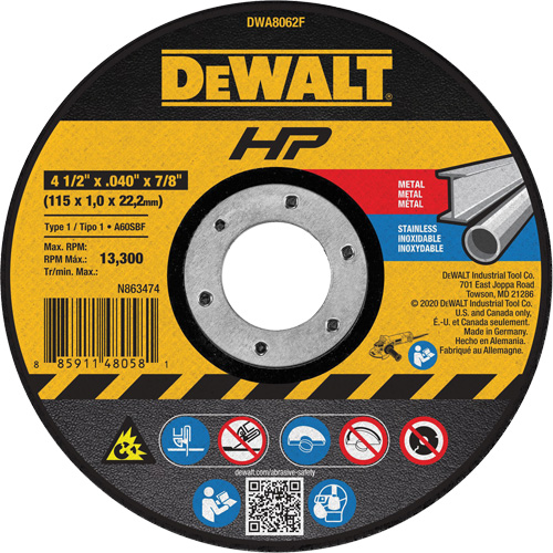 Meule de tronçonnage des m&eacute;taux HP, 4-1/2" x 0,04", Arbre de 7/8", Type 1, Oxyde d'aluminium, 13 300 Tr/min Groupe Belzile Dickner