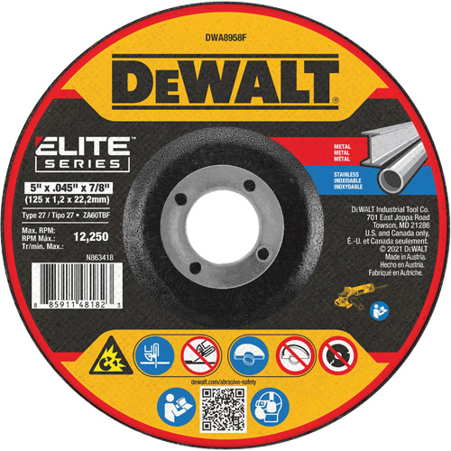 Elite Series Metal Cut-Off Wheel, 5" x 0.045", 7/8" Arbor, Zirconia Alumina, Type 27 Groupe Belzile Dickner