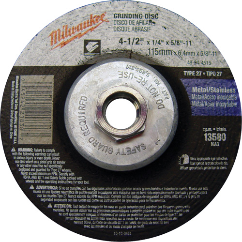 Grinding Wheel, 4-1/2" x 1/4", 5/8"-11 Arbor, Aluminum Oxide, Type 27 Groupe Belzile Dickner