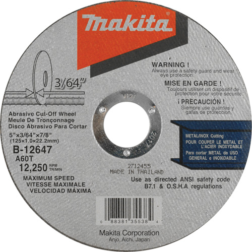 Thin Kerf Cut-Off Wheel, 5" x 3/64", 7/8" Arbor, Type 1, Aluminum Oxide, 12250 RPM Groupe Belzile Dickner