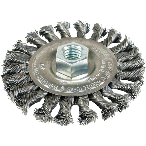 Twist Knot Wheels Threaded for Angle Grinders, 4" Dia., 0.022" Fill, 5/8"-11 Arbor, Steel Groupe Belzile Dickner