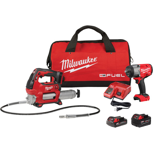 Ensemble de cl&eacute; &agrave; chocs &agrave; couple &eacute;lev&eacute;, anneau &agrave; friction et pistolet graisseur M18 Fuel, Lithium-ion, 18 V Groupe Belzile Dickner