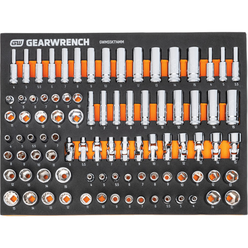 Jeu d'outils m&eacute;triques pour m&eacute;canicien MEGAMOD dans des plateaux en mousse modulaire avec armoire roulante &agrave; outils, 358 morcea Groupe Belzile Dickner