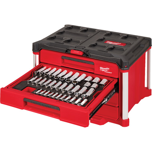 242-Piece 1/4”, 3/8” & 1/2” Drive Metric & SAE Ratchet & Socket Set with PACKOUT 4-Drawer Tool Box, 16-3/10" x 22-1/5" x 14-3/10", Black/Red Groupe Belzile Dickner