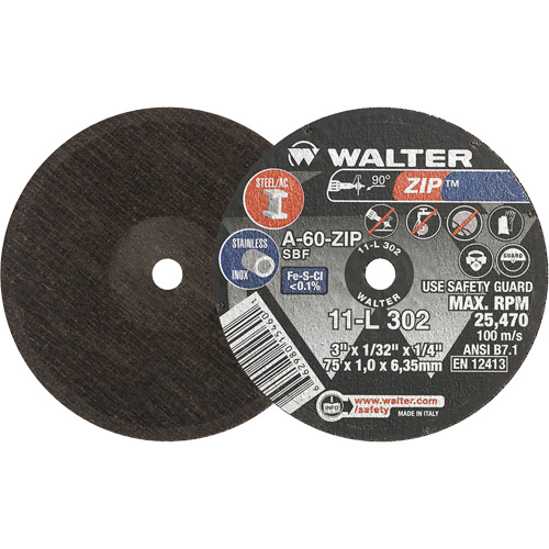 Zip Cut-Off Wheel, 3" x 1/32", 1/4" Arbor, Type 1, Aluminum Oxide, 25470 RPM Groupe Belzile Dickner
