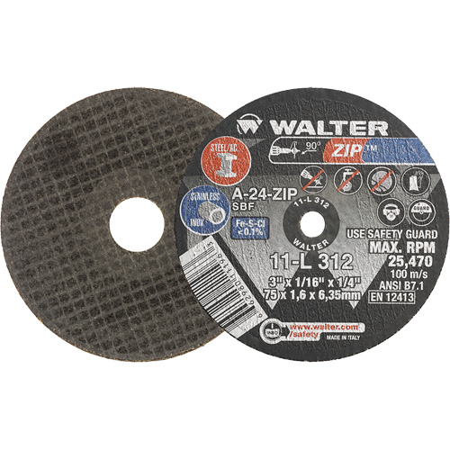 Zip Cut-Off Wheel, 3" x 1/16", 1/4" Arbor, Type 1, Aluminum Oxide, 25470 RPM Groupe Belzile Dickner
