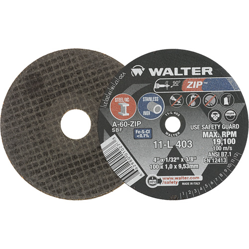 Zip Cut-Off Wheel, 4" x 1/32", 3/8" Arbor, Type 1, Aluminum Oxide, 19100 RPM Groupe Belzile Dickner