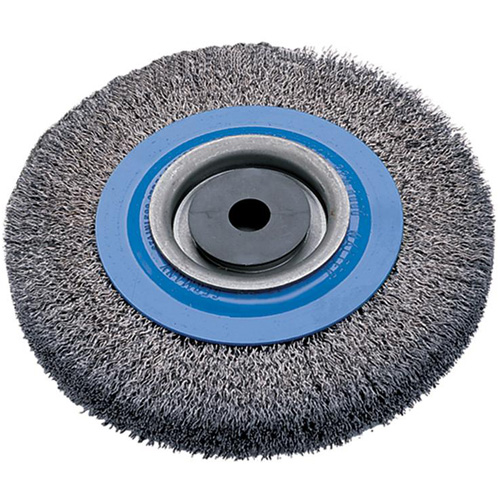 Crimped Wire Bench Wheel Brush, 8" Dia., 0.0118" Fill, 5/8" - 1-1/4" Arbor Groupe Belzile Dickner