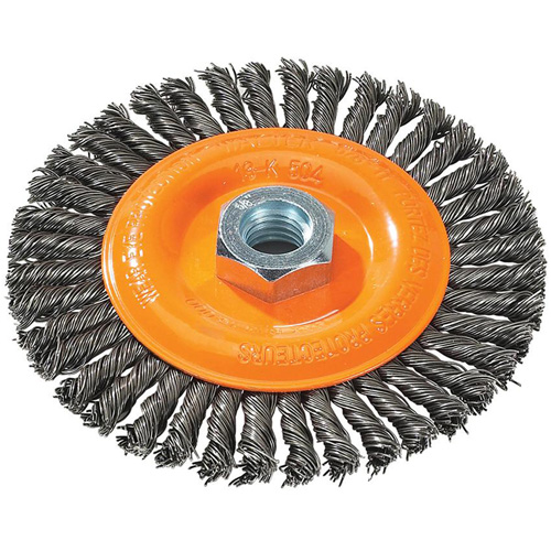 Brosse &agrave; fils nou&eacute;s pour cordons de soudure, Dia. 5", Fils 0,02", Arbre 5/8"-11, Acier Groupe Belzile Dickner