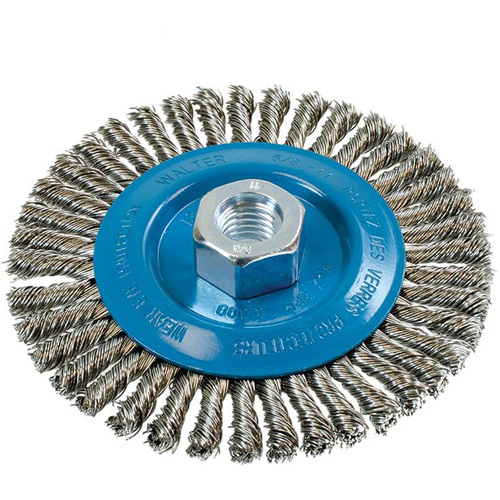 Brosse &agrave; fils &eacute;troits nou&eacute;s et torsad&eacute;s, Dia. 5", Fils 0,02", Arbre 5/8"-11, Aluminium/Acier inoxydable Groupe Belzile Dickner