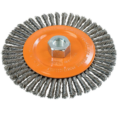 Brosse &agrave; fils nou&eacute;s pour cordons de soudure, Dia. 6", Fils 0,02", Arbre 5/8"-11, Acier Groupe Belzile Dickner