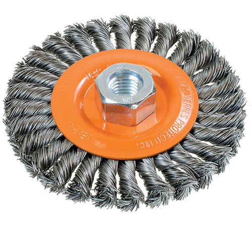Brosse rotative &agrave; fils nou&eacute;s large, Dia. 4-1/2", Fils 0,02", Arbre 5/8"-11, Acier Groupe Belzile Dickner