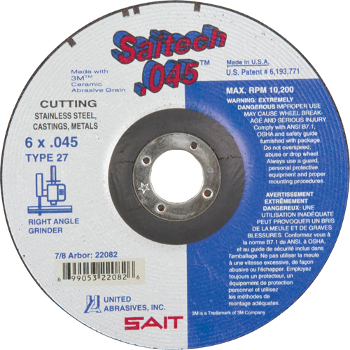 Cut-Off Wheel, 6" x 0.045", 7/8" Arbor, Type 27, Aluminum Oxide/Ceramic, 10200 RPM Groupe Belzile Dickner