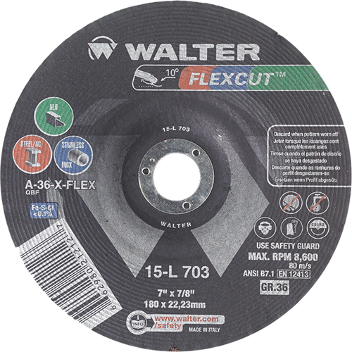 Meules &agrave; moyeu d&eacute;port&eacute; Flexcut, 7", 36 Grain, Oxyde d'aluminium, 7/8", 8600 Tr/min, Type 29 Groupe Belzile Dickner