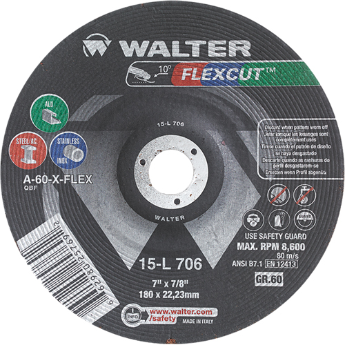 Meules &agrave; moyeu d&eacute;port&eacute; Flexcut, 7", 60 Grain, Oxyde d'aluminium, 7/8", 8600 Tr/min, Type 29 Groupe Belzile Dickner