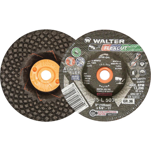 Meules &agrave; moyeu d&eacute;port&eacute; Flexcut, 5", 36 Grain, Oxyde d'aluminium, 5/8"-11, 12 200 Tr/min, Type 29 Groupe Belzile Dickner