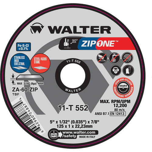 Zip One Cut-Off Wheel, 5" x 1/32", 7/8" Arbor, Type 1, Zirconia Alumina, 12200 RPM Groupe Belzile Dickner
