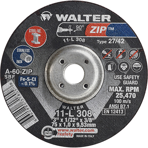Zip Cutting and Grinding Wheel, 3" x 1/13", 3/8" Arbor, Type 27, 60 Grit, Aluminum Oxide Groupe Belzile Dickner