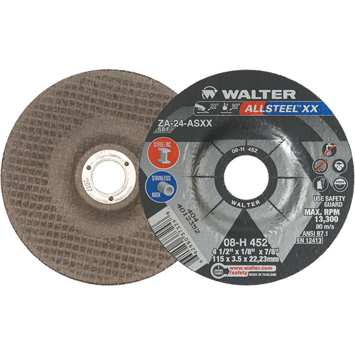 Depressed Centre Grinding Wheels - Allsteel XX, 4-1/2" x 1/8", 7/8" Arbor, Type 27, Zirconia Alumina, 13300 RPM Groupe Belzile Dickner