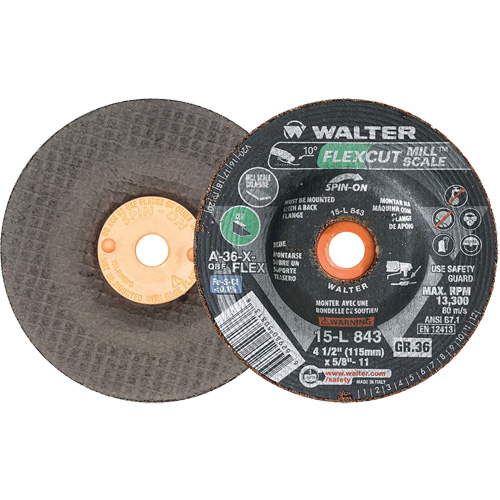 FLEXCUT MILL SCALE Grinding Wheel, 4-1/2", 36 Grit, Aluminum Oxide, 5/8"-11, 13300 RPM, Type 29 Groupe Belzile Dickner
