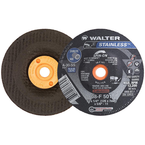 STAINLESS Grinding Wheel, 5" x 1/4", 5/8"-11 Arbor, Aluminum Oxide, Type 28S Groupe Belzile Dickner