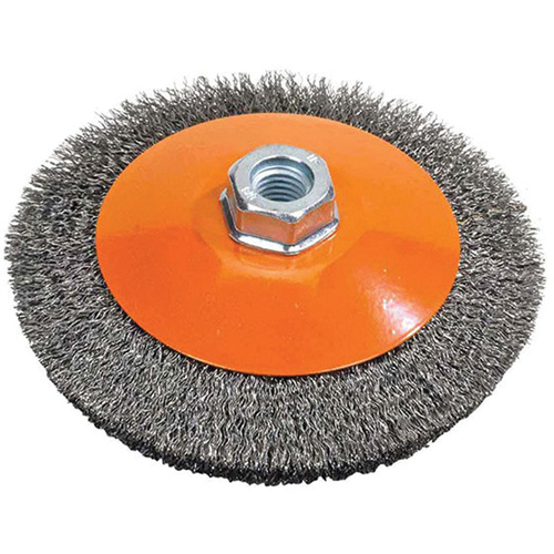 Saucer Crimped Wire Wheel, 4" Dia., 0.012" Fill, 5/8"-11 Arbor Groupe Belzile Dickner