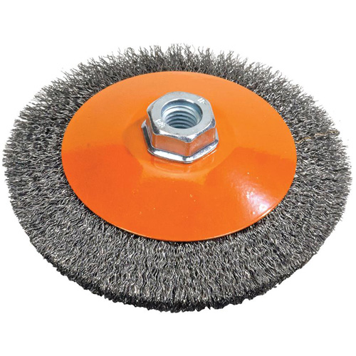Saucer Crimped Wire Wheel, 5" Dia., 0.012" Fill, 5/8"-11 Arbor Groupe Belzile Dickner