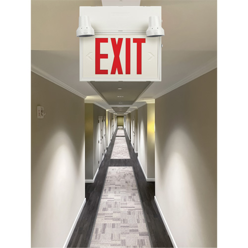 Exit Sign with Security Lights, LED, Battery Operated/Hardwired, 12-1/10" L x 11" W, English Groupe Belzile Dickner