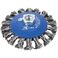 Knot Twisted Conical Bevel Brush, 5" Dia., 0.02" Fill, 5/8"-11NC Arbor Groupe Belzile Dickner