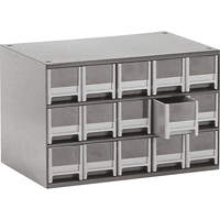 Modular Parts Cabinets, Steel, 15 Drawers, 17" x 10-9/16" x 3-1/16", Grey Groupe Belzile Dickner