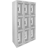Clean Line Lockers, 3 -tier, Bank of 3, 36" x 12" x 72", Steel, Grey, Rivet (Assembled), Perforated Groupe Belzile Dickner