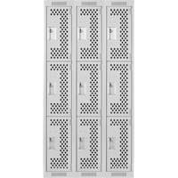 Clean Line Lockers, 3 -tier, Bank of 3, 36" x 12" x 72", Steel, Grey, Rivet (Assembled), Perforated Groupe Belzile Dickner