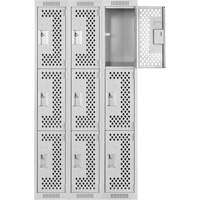Clean Line Lockers, 3 -tier, Bank of 3, 36" x 12" x 72", Steel, Grey, Rivet (Assembled), Perforated Groupe Belzile Dickner