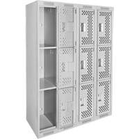 Clean Line Lockers, 3 -tier, Bank of 4, 48" x 12" x 72", Steel, Grey, Rivet (Assembled), Perforated Groupe Belzile Dickner