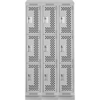 Clean Line Lockers, 3 -tier, Bank of 3, 36" x 15" x 82", Steel, Grey, Rivet (Assembled), Perforated Groupe Belzile Dickner