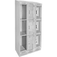 Clean Line Lockers, 3 -tier, Bank of 3, 36" x 15" x 82", Steel, Grey, Rivet (Assembled), Perforated Groupe Belzile Dickner