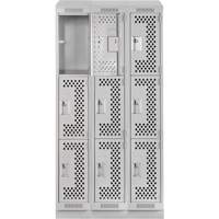 Clean Line Lockers, 3 -tier, Bank of 3, 36" x 15" x 82", Steel, Grey, Rivet (Assembled), Perforated Groupe Belzile Dickner