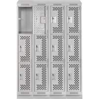 Clean Line Lockers, 3 -tier, Bank of 4, 48" x 15" x 82", Steel, Grey, Rivet (Assembled), Perforated Groupe Belzile Dickner