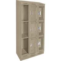 Clean Line Lockers, 3 -tier, Bank of 3, 36" x 15" x 82", Steel, Beige, Rivet (Assembled), Perforated Groupe Belzile Dickner