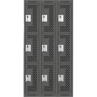 Clean Line Lockers, 3 -tier, Bank of 3, 36" x 12" x 72", Steel, Charcoal, Rivet (Assembled), Perforated Groupe Belzile Dickner
