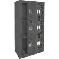Clean Line Lockers, 3 -tier, Bank of 3, 36" x 12" x 72", Steel, Charcoal, Rivet (Assembled), Perforated Groupe Belzile Dickner
