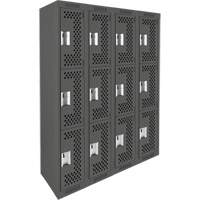 Clean Line Lockers, 3 -tier, Bank of 4, 48" x 12" x 72", Steel, Charcoal, Rivet (Assembled), Perforated Groupe Belzile Dickner